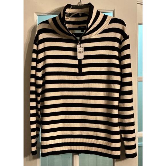 NWT Express Black/White Striped Half Zip Woman Sweater Long Sleeve Small $88 - Picture 1 of 11
